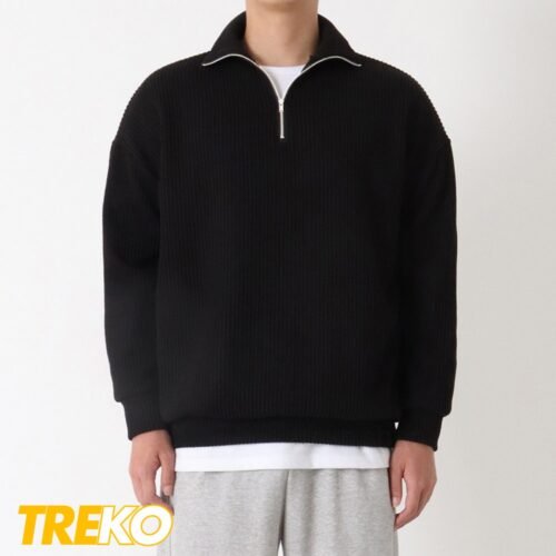 Ribbed half Zip Pullover – Black