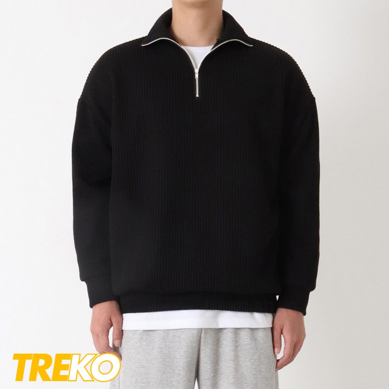 Ribbed half Zip Pullover – Black