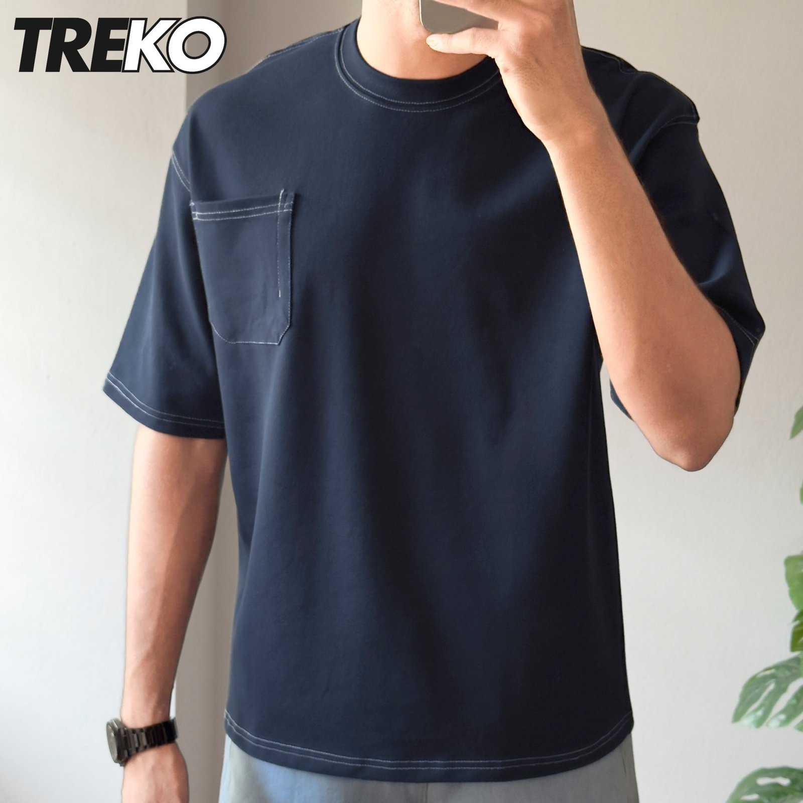 Contrast Stitch Oversized Drop Shoulder T-shirt - Navy blue Lite