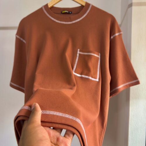 Contrast Stitch Oversized Drop Shoulder T-shirt - Brown - Image 2
