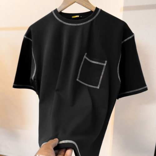 Contrast Stitch Oversized Drop Shoulder T-shirt - Black - Image 2