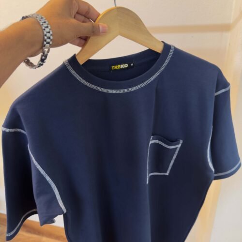 Contrast Stitch Oversized Drop Shoulder T-shirt - Navy blue - Image 3
