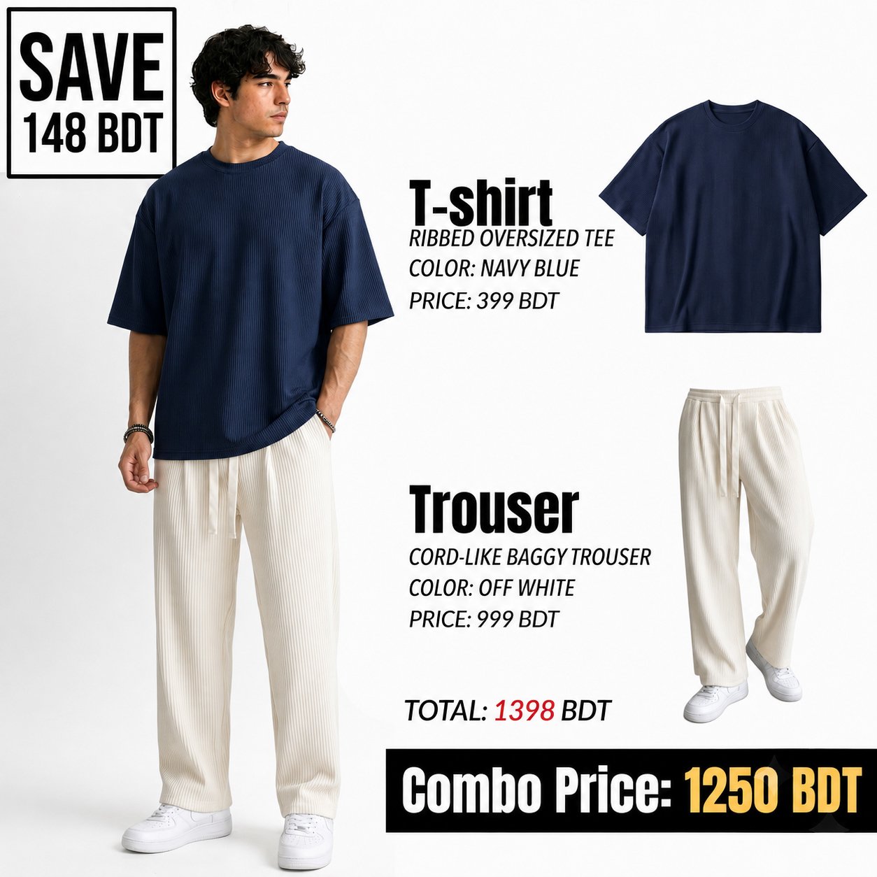RIB SET - NAVY BLUE & OFF WHITE
